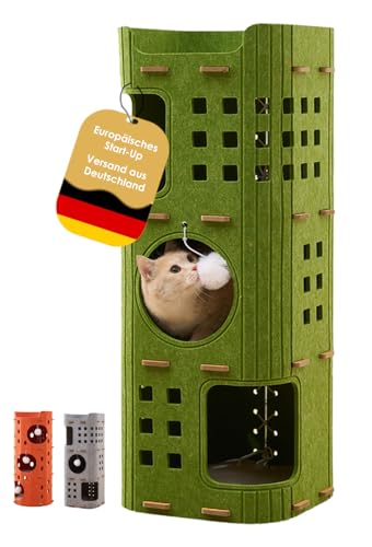 PawLis Premium-Kratztonne für Katzen – modernes Katzenmöbel mit 4 Etagen & 3 Katzenhöhlen, Filz, stabile Kratzbaum-Alternative mit Spielball,...