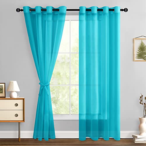 Hiasan Sheer Curtains 84 Inches Long with Tiebacks, Turquoise, 2 Panels
