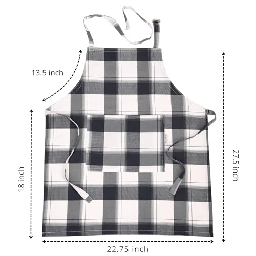 Image of Cotton Kitchen Apron Pack of 2, Checkered Cooking Apron for Women & Home Cooks, Adjustable Strap, Large Pockets, Black and White