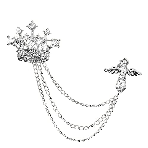 Image of Crystal Crown Cross Chain Brooch Pin,Long Chain Tassel Wing Suit Lapel Pin Rhinestone Crown Badge Pin Jewelry for Women Men Birthday Gifts