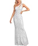 YHHOWEP Women Sequin Long Dress One Shoulder Sparkle Bodycon Glitter Evening Wedding Guest Formal Party Maxi Dresses Ball Gown Silver S