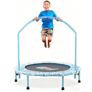 38” Kids Trampoline Mini Foldable Fitness Noise-Free Trampoline with Adjustable Handrail and Safety Padded Cover Exercise Foldable Bungee Rebounder Indoor Outdoor Garden Use