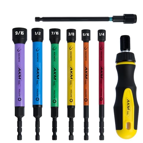 AKM TOOL 8 PCS Hollow Nut Driver Set, Magnetic Nut Driver Set with Ratcheting Handle, Hollow Shaft Nut Driver Set, SAE, Color Coded, 1/4 to 9/16-Inch, Hollow Nut Driver with 5-Inch Extended Reach
