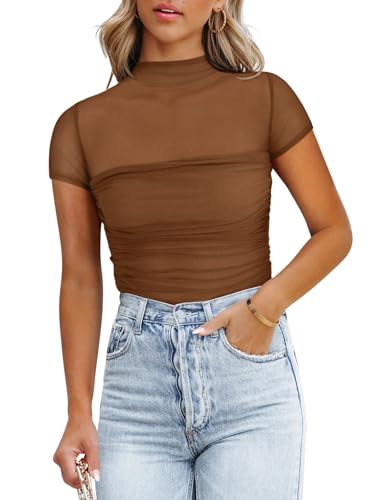 Image of REORIA Women's Sexy Mock Turtle Neck Short Sleeve Shirts Sheer Mesh Ruched Trendy Going Out Bodysuits Tops