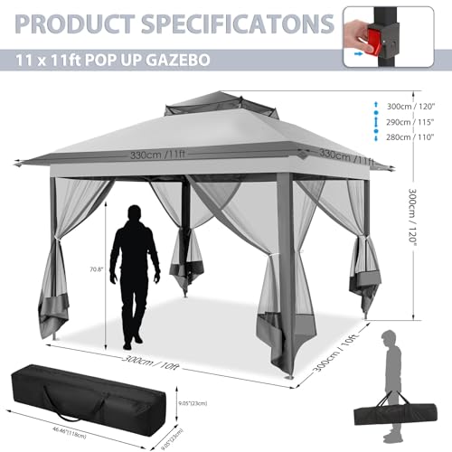 Image of COBIZI Pop Up Gazebo 12x12 Canopy Tent, Outdoor Screened Gazebo Shelter with Mosquito Net,Carpas para Patio, Shade for Lawn, Garden, Backyard and Deck, Gray(Upgraded 2.0)