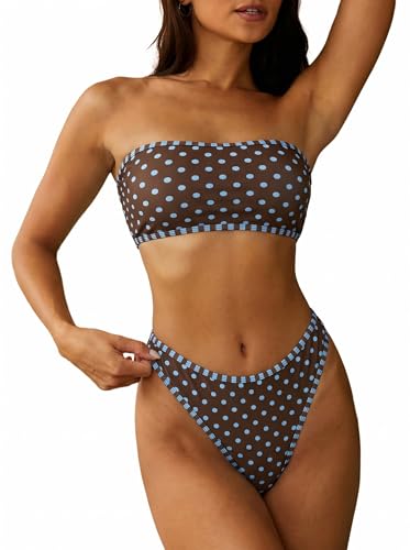 Image of ZAFUL Women Strapless Textured Bandeau Bikini 2 Piece Swimwear Cheeky Solid Lace up Bathing Suits