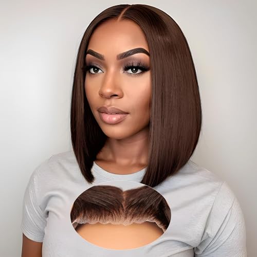 EAGERA Brown Glueless Wigs Human Hair Pre Plucked Pre Cut 14 Inch 9x6 Chocolate Brown Wear and Go Bob HD Lace Closure Wig Bleached Knots Short Brown Straight Wig 180% Density for Women