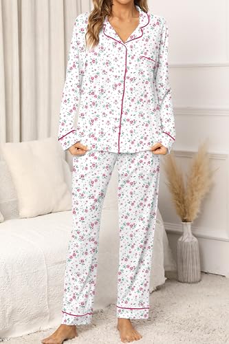 Image of LUBOT 100% Cotton Pajamas for Women Pajama Set Soft 2 Piece Sleepwear PJ Set Long Sleeve Knit Button Cozy Loungewear XS-XXL