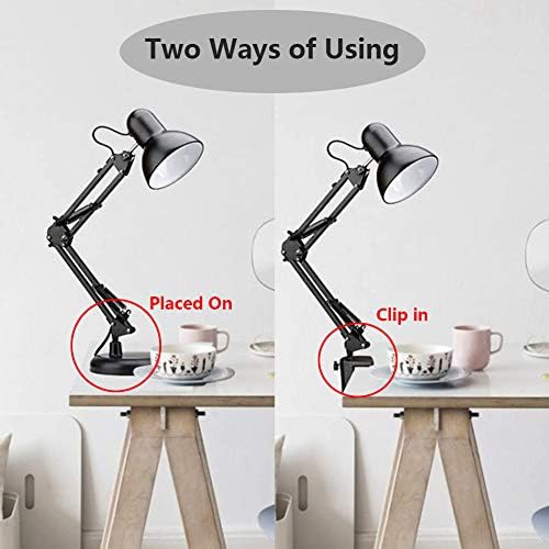 smart spring® Desk Lamp E27 Screw Bulb Holder Swing Arm Architect Lamp Flexible Clamp on Table Lamp Clear Black Desk Light for Reading Working Office Crafts with A60 3000K LED Bulb