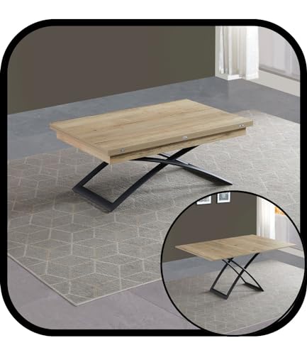 VOLERO' Odisseo, Mesa de Centro Convertible en Mesa de Comedor. Sistema de Subida y Bajada. (Roble)