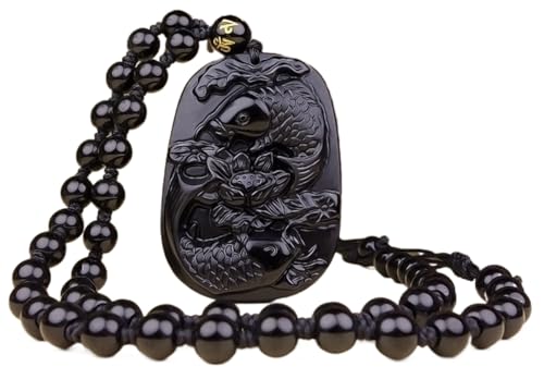 Natural Obsidian Necklace Lucky Amulet Carved Natural Genuine Obsidian Handmade natural obsidian auspicious wealthy Double Fish Lotus jade pendant necklace A Certified Obsidian Women's Necklaces Men's Necklaces (Double Fish Lotus)