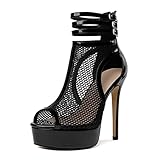 Joseywade Platform Stiletto High Heels Strappy Open Peep Toe Heeled Sandals Boots High Top Women Mesh Fishnet Hollow Out Ankle Booties Pumps Dancing Shoes Black US Size 7