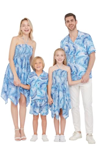 Image of Hawaii Hangover Family Matching Hawaiian Clothes, Simply Blue Leaves | Family matching Hawaiian outfits, Simply Blue Leaves, lightweight rayon, machine washable, tropical leaf print, luaus