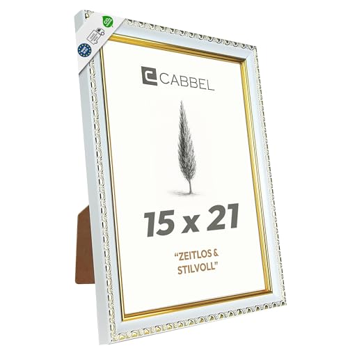 CABBEL CELI Marco de fotos 15 x 21 cm, color dorado y blanco, marco barroco vintage con aspecto antiguo, marco de fotos decorativo con cristal acrílico irrompible, para fotos, carteles y certificados