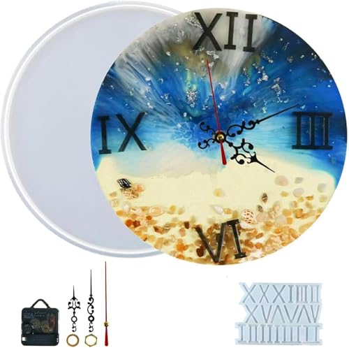 JUSTUP Wall Clock Resin Mold, Roman Numerals Clock Pendant Resin Mold with Movement, Round Dial Wall Clock Silicone Molds Kit for DIY Art Craft Making Wall Hanging Ornaments Home Decor (14.6in)