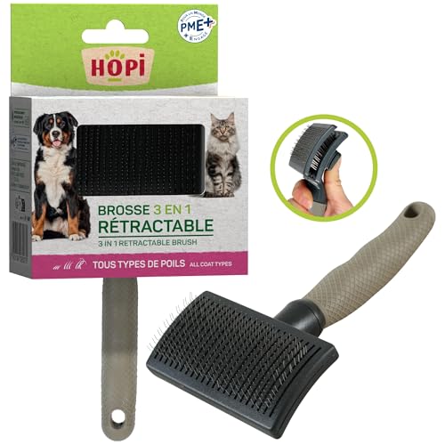 HOPI Brosse Rétractable 3 en 1 Chien Chat Taille Large - Démêle Lisse et Élimine les Poils Morts - Picots Acier Inoxydable et Système Rétractable - Manche Ergonomique Recyclé