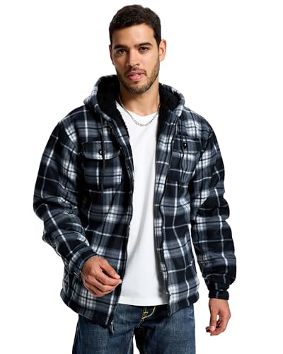 Image of TanBridge Men's Cotton Plaid Shirts Jacket Full Zip Fleece Flannel Sherpa Lined Hoodies Heavyweight Hoodies Jacket for Men