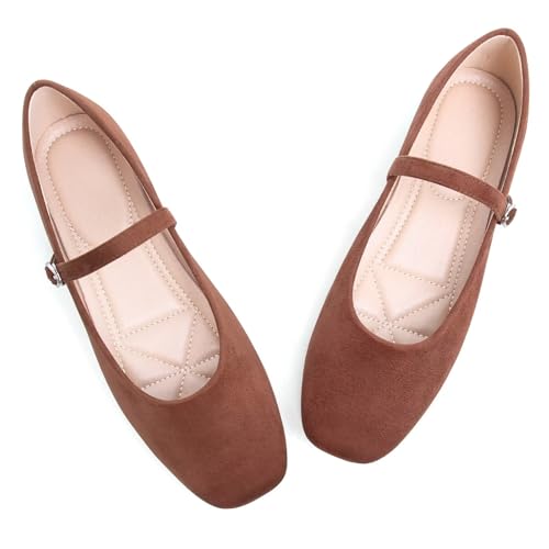 Image of TN TANGNEST Leather Flats for Women Retro Mary Jane Flats | Comfortable Square Toe Slip On Flats with Buckle Strap, Soft Work Flats Office Shoes