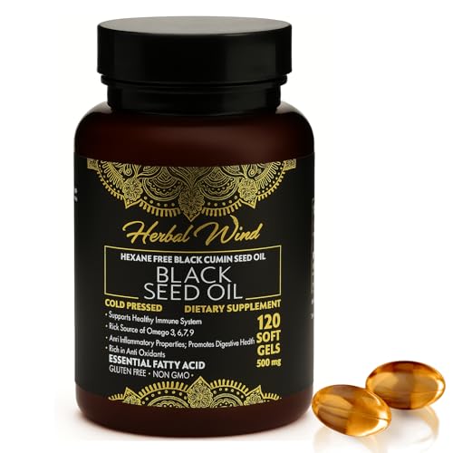 Herbal Wind Black Seed Oil Capsules â€“ Cold-Pressed Nigella Sativa Softgels, 500mg, 120 Count | Black Cumin Seed Oil, Non-GMO