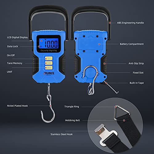 Runcl Waterproof Fishing Scale With Lip Gripper, Fluorescent Button Digital Fish Scale 110Lb/50Kg - Backlit Lcd Display, 40In Tape Measure - Hanging Scale For Home And Outdoor(Blue) #TOP5