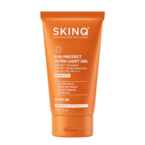 Image of SKINQ Sun Protect Gel Sunscreen SPF 50+ PA++++ with Vitamin C | Zero White Cast | UVB Protection | Lightweight, Non-Greasy | For Normal, Dry & Sensitive Skin | In-Vivo Tested | Dermat Formulated | 45ml