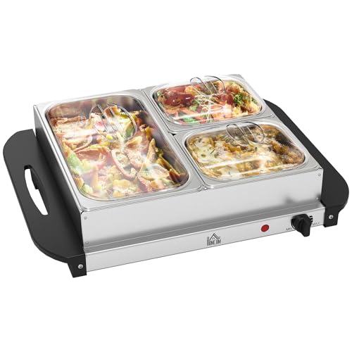 HOMCOM 3 Tray Electric Food Warmer Buffet Server with Warming Plate, Cool Touch Handles, Adjustable Temperature, 300W, 1 x 2.5L and 2 x 1L Pans