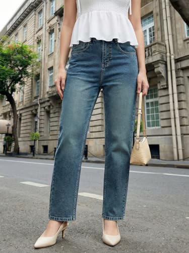 Image of Urbano Fashion Women's High Rise Straight Fit Washed Jeans Non-Stretchable