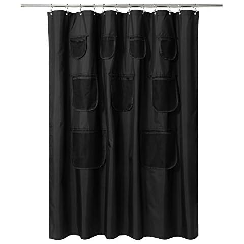 Mrs Awesome Black Fabric Shower Curtain or Liner with 9 Mesh Pockets,72 x 72 inch, Water Proof, Washable and Rust Proof Grommets,Black Cover