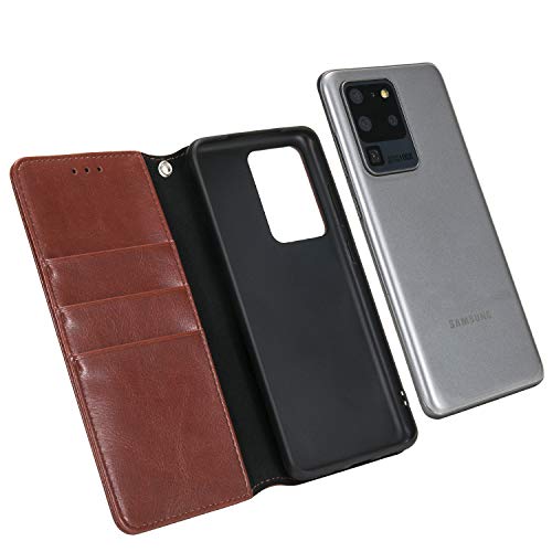 Hissimo Flip Wallet Case For Samsung Galaxy S20 Ultra, 3 Card Slots, Magnetic Closure, Coffee #TOP2