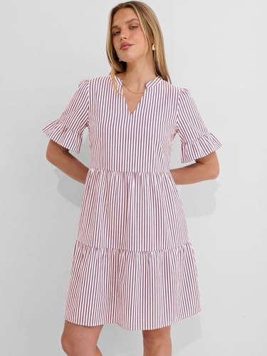 Image of Caracilia Dresses for Women Summer 2026 Striped V Neck Ruffle Sleeve A Line Tiered Flowy Casual Mini Beach Dress with Pockets