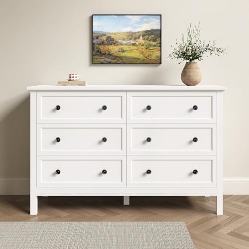 LYNSOM White Dresser for Bedroom, Modern 6 Drawer Double Dresser with Deep Drawer and Metal Handle, Wood Dressers & Chests of Drawers for Hallway, Entryway