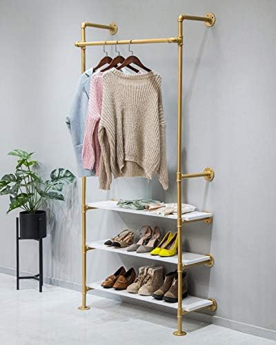 WGX Design For You Industrial Pipe Clothing Rack Wood Garment Rack Pipeline Vintage Rolling Rack On Wall（Gold）