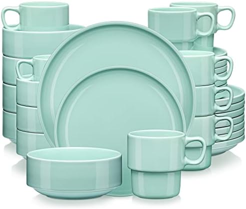LOVECASA Porcelain Dinner Set 16-Piece Combination Service, Dinnerware Set for 4 People | Dinner Plates, Cups, Dessert Plates and Bowls, Dark Green