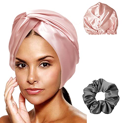 Cozysilk Silk Turban/Silk Bonnet - Double-Lined Pure Mulberry Silk 22 Momme - Including 1 Silk Scrunchy, Hair-Friendly and Lightweight Head Wrap + Sleep Cap for Curly/Thick Hair Types (Pink)