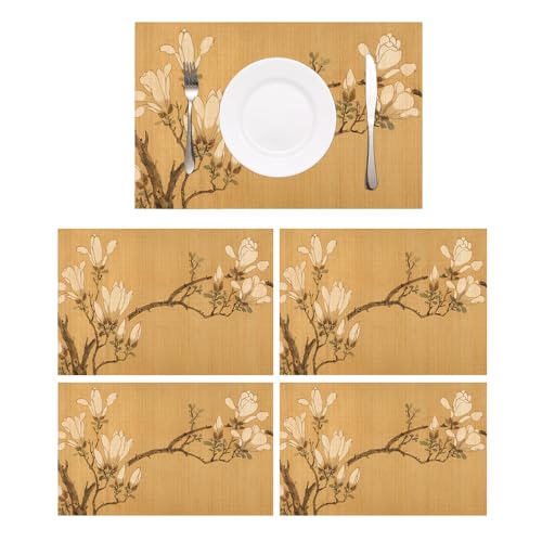Bamboo Placemats Set of 4, Asian Style Table Mats Ancient Chinese Paintings Zen Floral Place Mats for Indoor Outdoor Kitchen Dining Table (Magnolia, Set of 4)