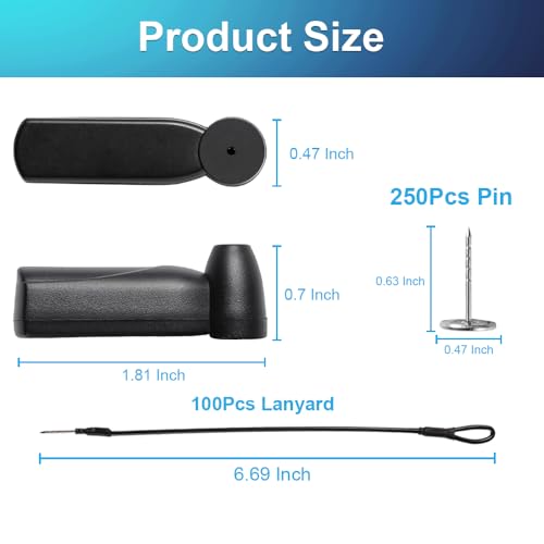 250Pcs 58Khz AM Security Clothing Tags Black Retails EAS Clothes Tag with 250 Pins and 100 Lanyards