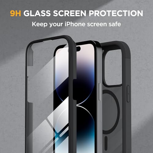 Image of Miracase Magnetic for iPhone 14 Pro Case 6.1 inch, (Compatible with MagSafe) Upgrade Full-Body Clear Phone Bumper Case with Built-in 9H Tempered Glass Screen Protector, Magnetic Matte Black