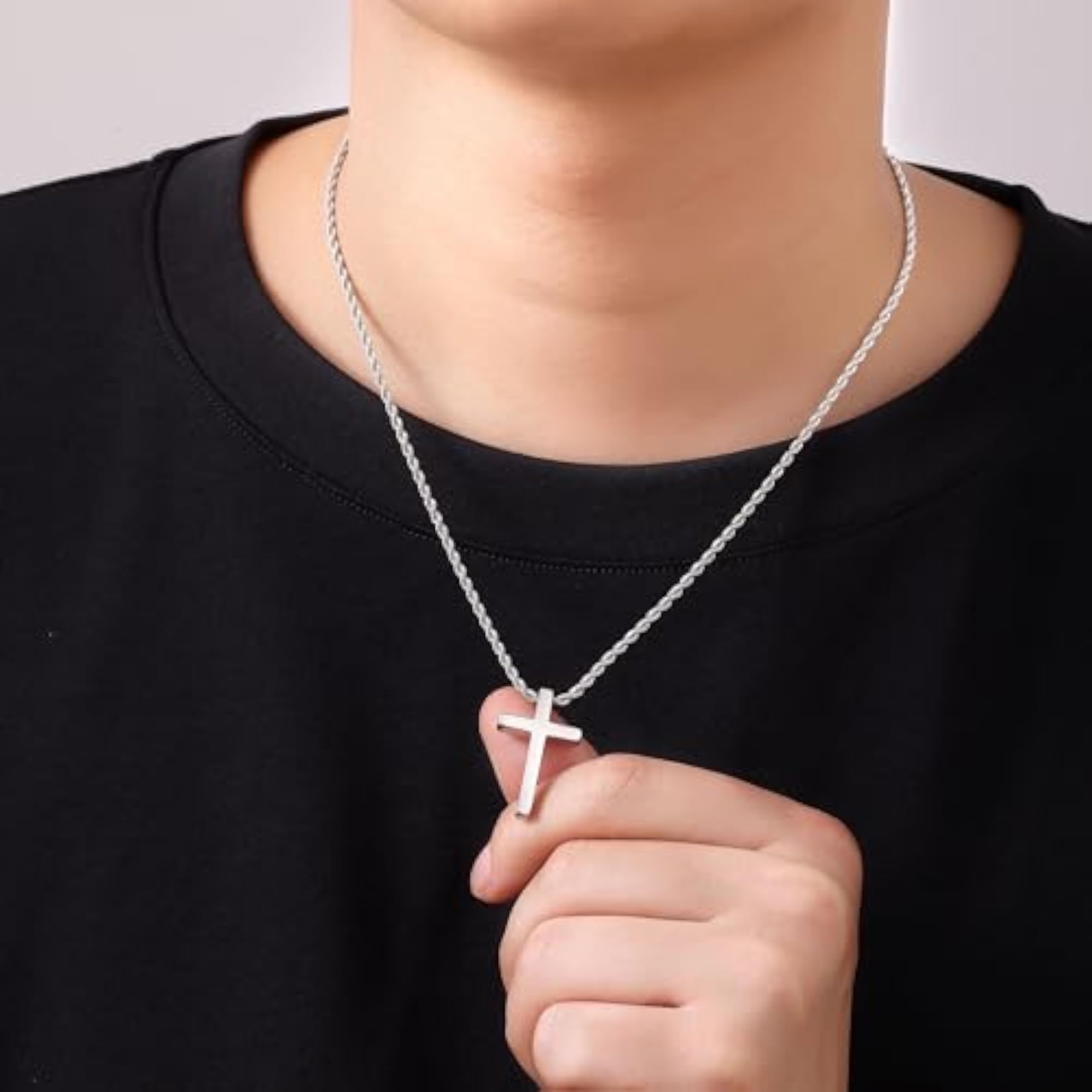 Men's Cross Necklace with 2.5mm Rope Chain, Stainless Steel