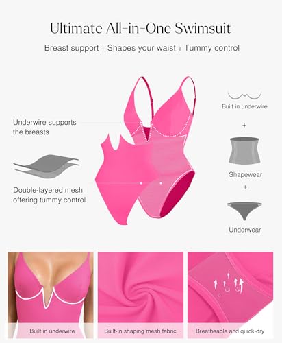 Image of Popilush Tummy Control Swimsuits for Women Shapewear One Piece Underwire Swimsuit Deep V Neck Bathing Suits Summer Beach Pool Vacation Pink