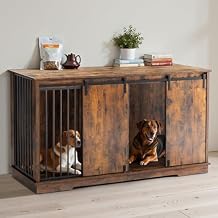 Dog Crate Furniture for 2 Dogs, 60.6 inch Extra Large Wooden Dog Kennel Furniture with Removable Divider and Double Sliding Doors, TV Stand, Side Table, Brown