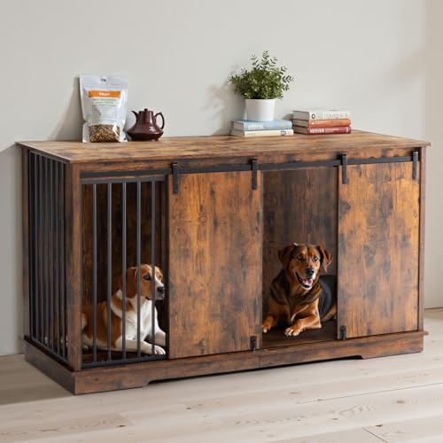Dog Crate Furniture for 2 Dogs, 60.6 inch Extra Large Wooden Dog Kennel Furniture with Removable Divider and Double Sliding Doors, TV Stand, Side Table, Brown