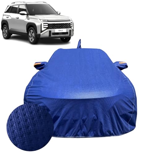 Image of Car Cover Compatible For Hyundai Venue (2019-2026)| 100% Waterproof Cover with Antenna & REFLECTIVE Mirror Pockets | Dustproof, Scratchproof, Heatproof Venue Car Cover|Soft Cotton Lining|BLUE