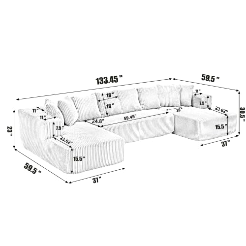 Image of 130 inch Modular Sectional Couch, Comfy Corduroy Couch Sectional Sofa with Double Chaise Lounge, Free Combination U Shaped Sectionl Sofa with Memory Foam, Luxury Couches for Living Room, Beige