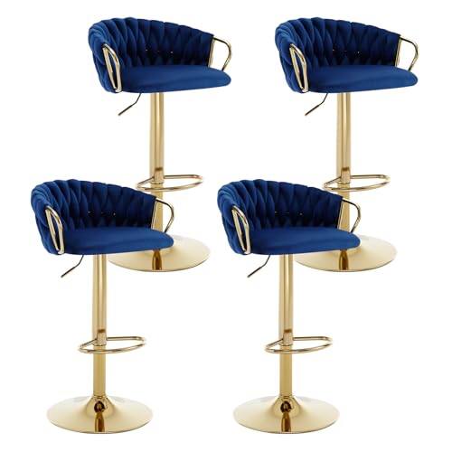 Butacos de Barra Set de 4, Modernos Ajustables Tapizados, Sillas Giratorias de Altura para Isla de Cocina, Comedor, Café o Pub, Azul Oscuro con Reposapiés Dorado miniatura 1