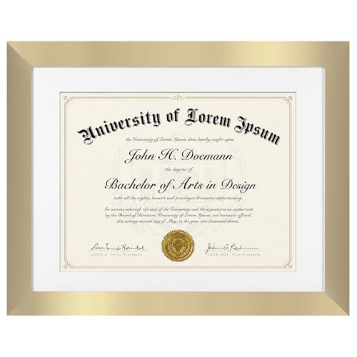 Americanflat 11x14 Diploma Frame with Shatter-Resistant Glass - Use as 8.5x11 Frame with Mat or Display 11x14 Documents Without Mat - Certificate Frames with Engineered Wood for Wall Display - Gold by Americanflat - Used condition - US$13.15