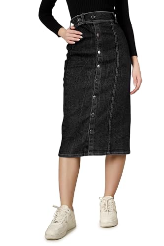 Image of Western Straight Stylish Comfortable Long Two Button Up Slit Dobby Denim Skirt for Women & Girls