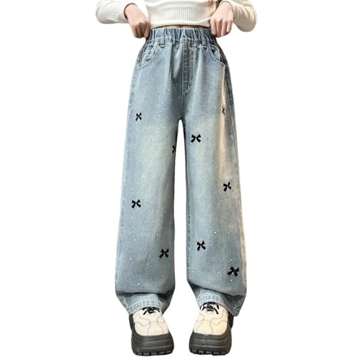 Baggy Jeans for Teen Girls Embroidered Bow Denim Pants Distressed Wide Leg Jeans High Waisted Elastic Waist Denim Pants
