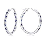 Pendientes de aro de plata de ley 925 con piedra natal con circonita cúbica para orejas sensibles, aretes grandes de 31 mm (con caja de regalo), Plata de ley con circonita cúbica, Zafiro sintético