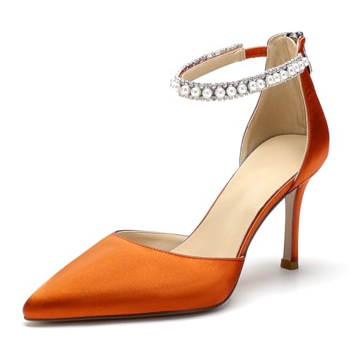 Image of Pointed Toe Pearl Wedding Shoes for Bride White High Heels Satin Bridal Shoes Zipper Back Evening Party Dance Dresses Shoes Pumps for Women