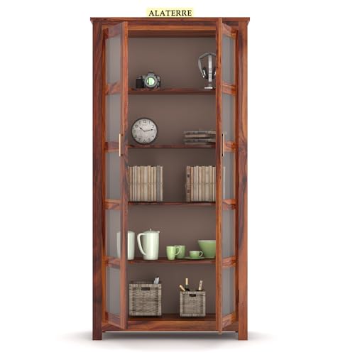 Image of Wood Book Shelf with Glass Door, Wooden BookCases for Home Library, Crockery Units, Kitchen Cabinet, Study Room, Book Rack, Shelves, Home & Office, Honey Finish